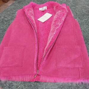Lisa International Pink Faux Suede Fur Lined Vest Size M Chenille Back NWT Y2K